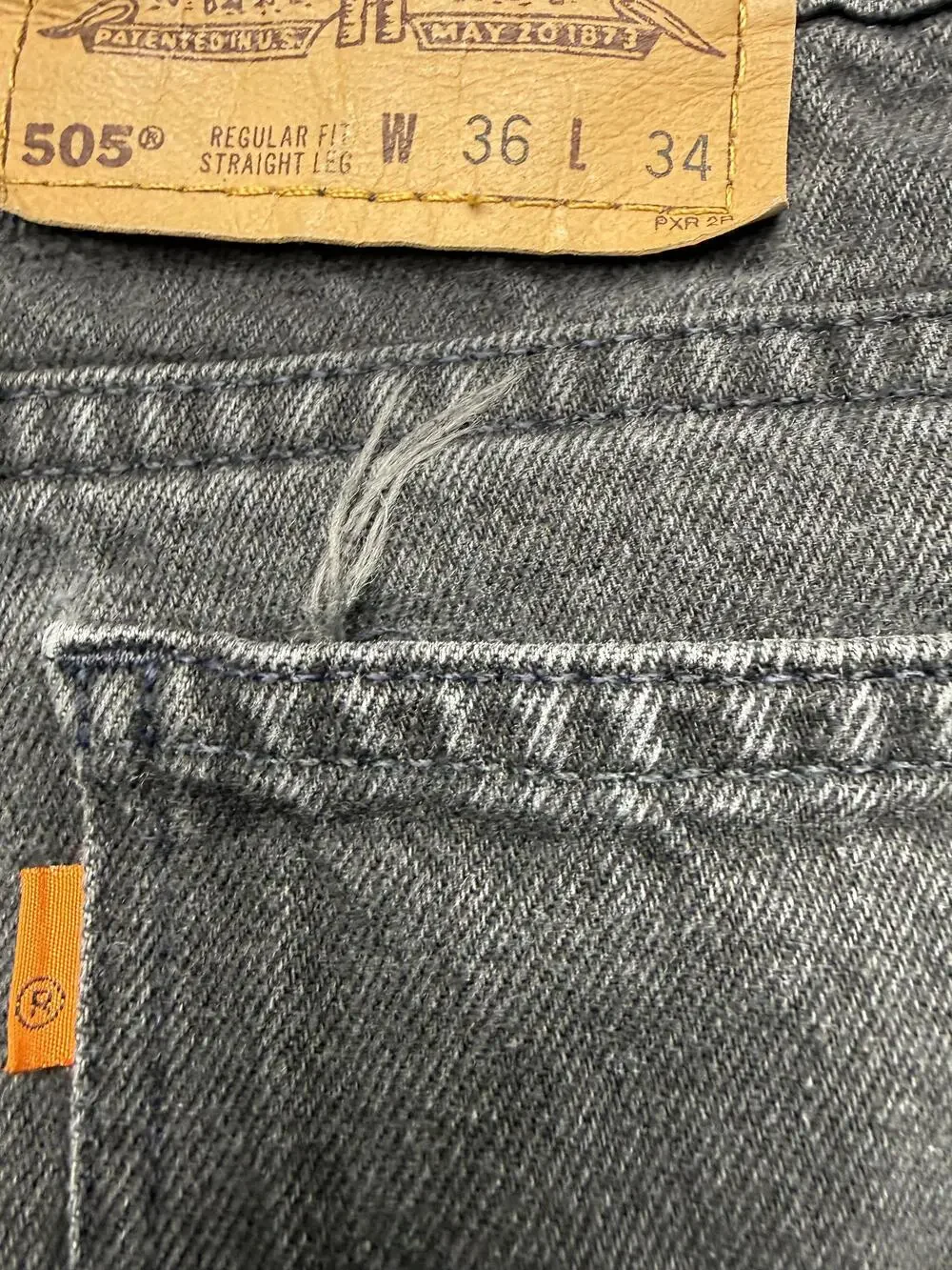 Vintage Levis 505 Jeans Mens 36x34 Charcoal Wash Regular Straight Orange Tab